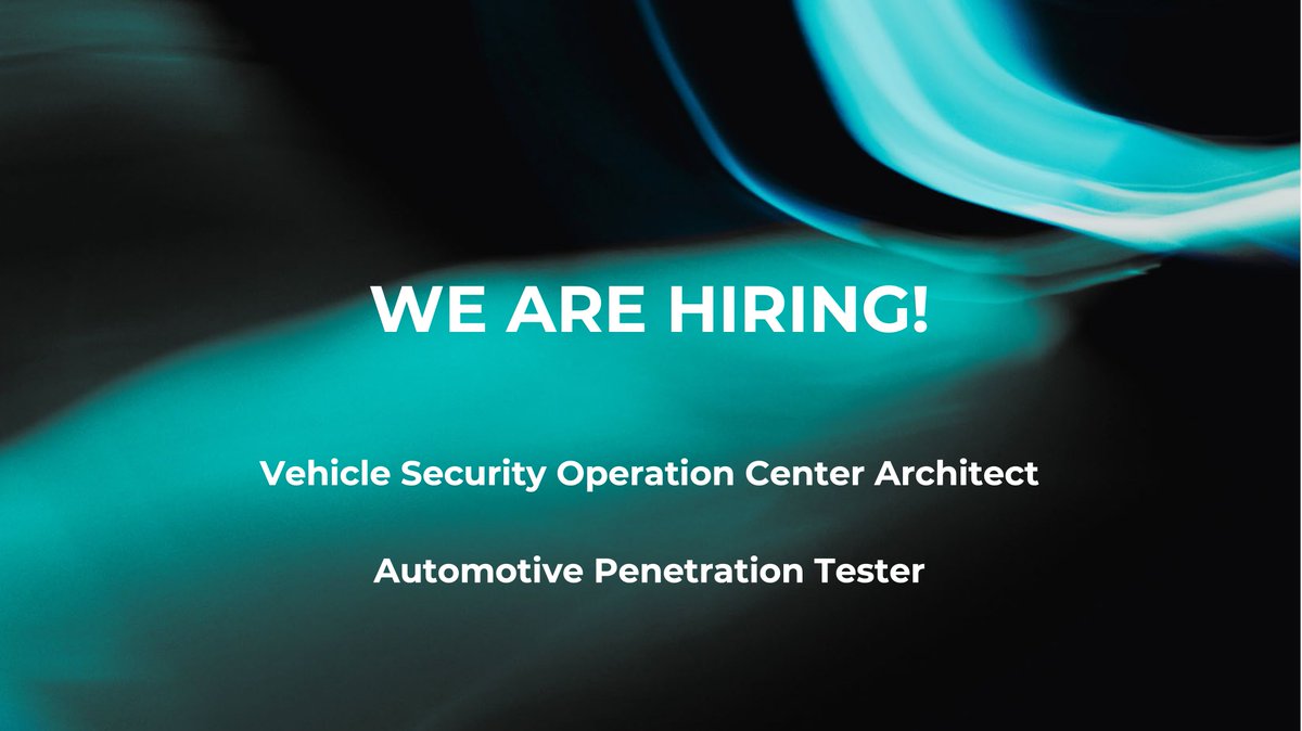 PCACyberSec's tweet photo. We are #hiring 🚀 Want to make a difference? So do we.
Check out our latest job offerings and make a difference with us:
Vehicle SOC Architect
https://t.co/wcmsJbfLzo

Automotive Penetration Tester
https://t.co/ahD6YbUPln

Feel free to retweet!💡

#Automotive #PenTest #VSOC https://t.co/9T2CHttOaZ