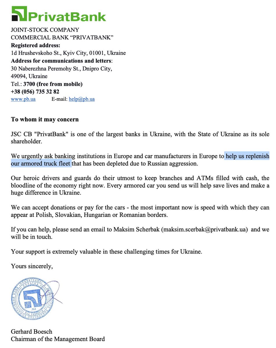 ANNOUNCEMENT:
My drinking friend in Kyiv, the banker Roma S., is making a plea to the EU for armored trucks as theirs were depleted during the Russian aggression. They need them to replenish cash machines. 
Please help this message get to the right place.
