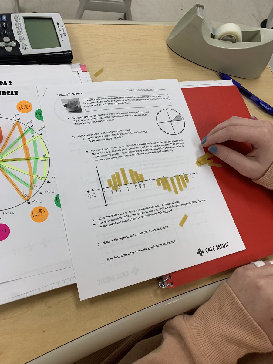 Math_efki's tweet image. Fettuccine sine curves in honors Algebra 2.  Ss measured the height on the unit circle with the pasta and then glued it to create the graph.@NCHS_CT #MTBoS #iteachmath #alg2chat