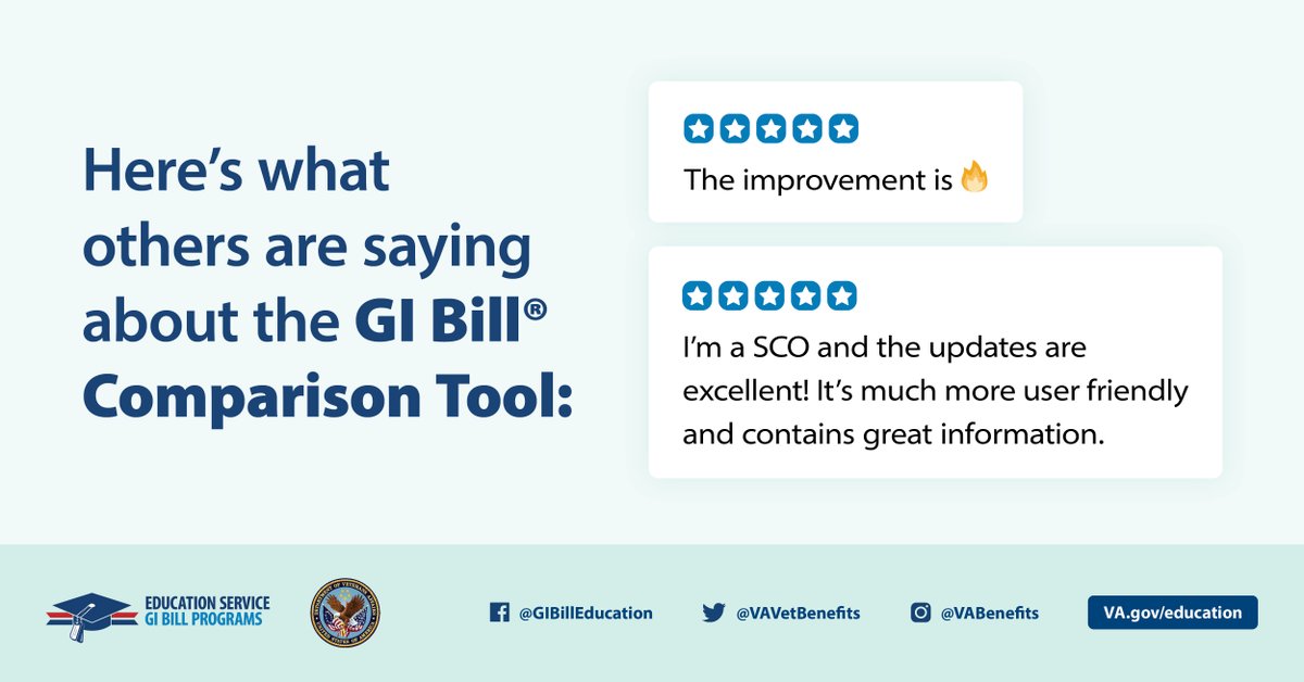 Don’t miss out on trying the newly revamped GI Bill® Comparison Tool!

With new features, you can compare up to 3 institutions and training facilities side-by-side. Students and SCOs agree, the revamped tool is a winner!

Try it here: va.gov/education/gi-b…