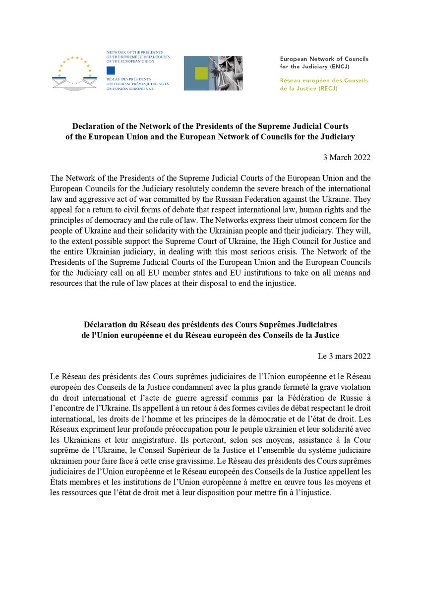 Déclaration du Réseau des présidents des Cours Suprêmes Judiciaires de l'Union européenne et du Réseau européen des Conseils de Justice du 3 mars 2022