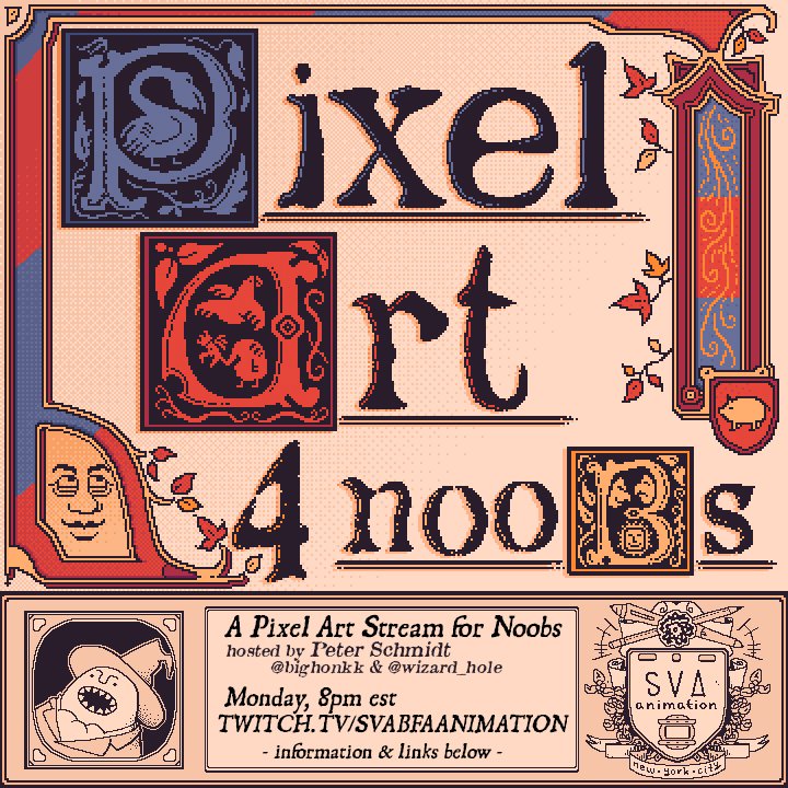 Peter Larson Schmidt (@bighonkk) on Twitter photo I'm streaming a pixel art tutorial for then tune in to my tutorial this Monday (March 7th) at 8pm for SVA's bfa animation dept <a href="/svabfaanimation/">SVA BFA Animation</a>
I started learning pixel art recently, so I'm still v much a noob myself, but that's ok. We can aspire to get gud together online <3 I'm streaming a pixel art tutorial for then tune in to my tutorial this Monday (March 7th) at 8pm for SVA's bfa animation dept <a href="/svabfaanimation/">SVA BFA Animation</a>
I started learning pixel art recently, so I'm still v much a noob myself, but that's ok. We can aspire to get gud together online <3