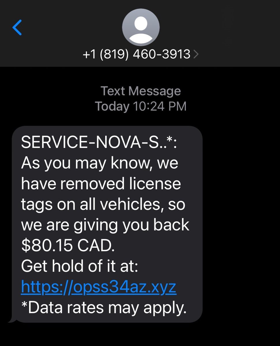 ns_servicens's tweet photo. IMPORTANT: the following has been brought to our attention. This is not a message from Service Nova Scotia and Internal Services. If you receive this text message, do not click the link and report it to your cell phone provider as spam/phishing. https://t.co/0IOWjTCCb8