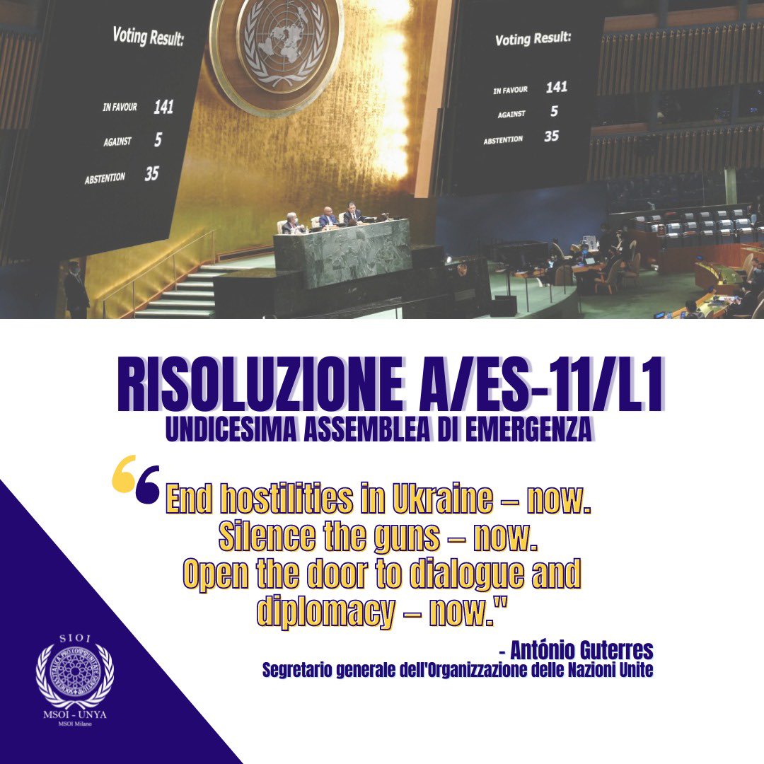 🇺🇳 UNDICESIMA ASSEMBLEA DI EMERGENZA 

I membri dell'Assemblea Generale dell’ONU sono giunti ad approvare una risoluzione per richiedere che la Russia cessi immediatamente l'uso della forza contro l'Ucraina e ritiri le sue forze militari. #msoi #msoimilano