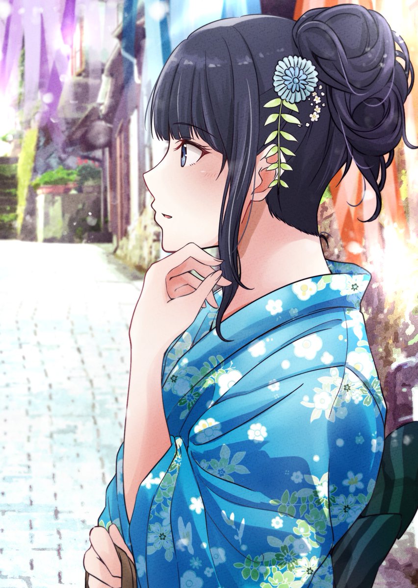 1girl japanese clothes solo kimono hair ornament black hair hair flower  illustration images