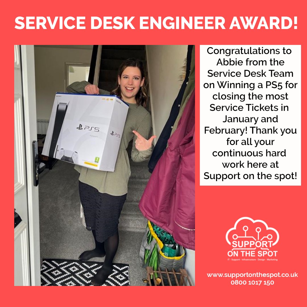 SOTS_UK's tweet photo. Congrats to Abbie from the Service Desk Team on Winning a PS5 for closing the most Service Tickets in January and February! Thank you for your continuous hard work here at Support on the Spot!
#supportonthespot #itservices #ithelpdesk #technology #servicedesk #ps5winner https://t.co/PZn6qXc0JL