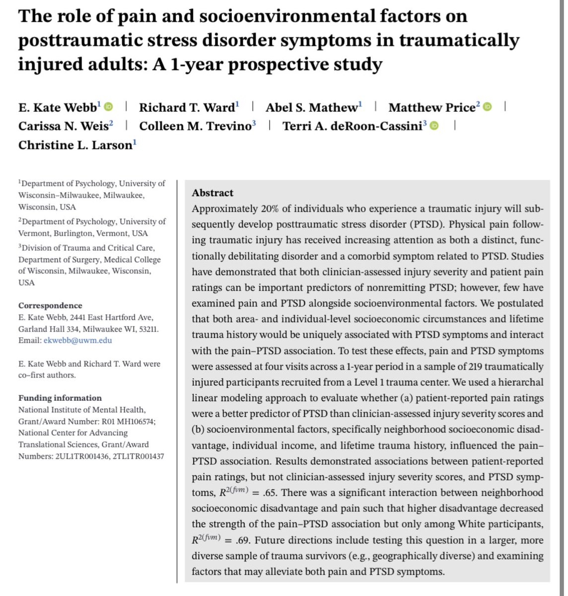 ✨Nothing beats doing science with friends/new collaborators.✨This paper was a class project w/ @AbelSMathew and @RichNeuro. @CarissaWTomas and I met @Dr_Matt_P at @ISTSSnews. Cheers to fantastic mentors @CLarsonsBrain, Matt, and Terri! @MilwaukeeTrauma tinyurl.com/Painptsd