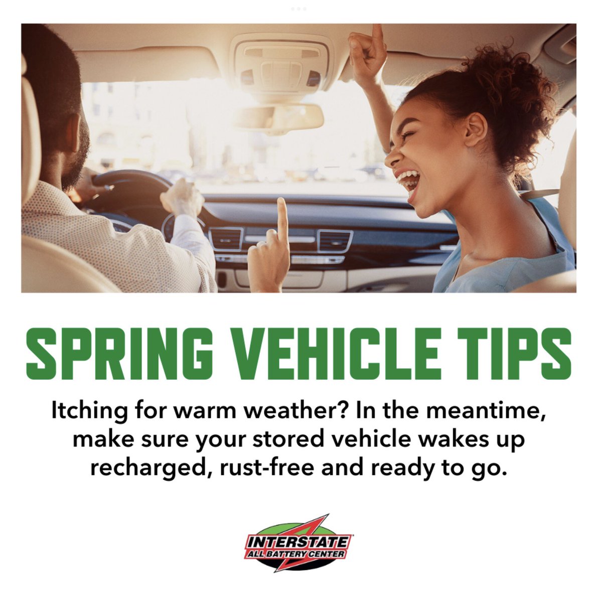 InterstateWDM's tweet image. Make sure your vehicle is stored properly and ready to go for the spring season ahead! Stop by your local Interstate All Battery Center for a FREE battery test today!⚡️🔋

#InterstateTips #VehicleFacts #InterstateAllBatteryCenter