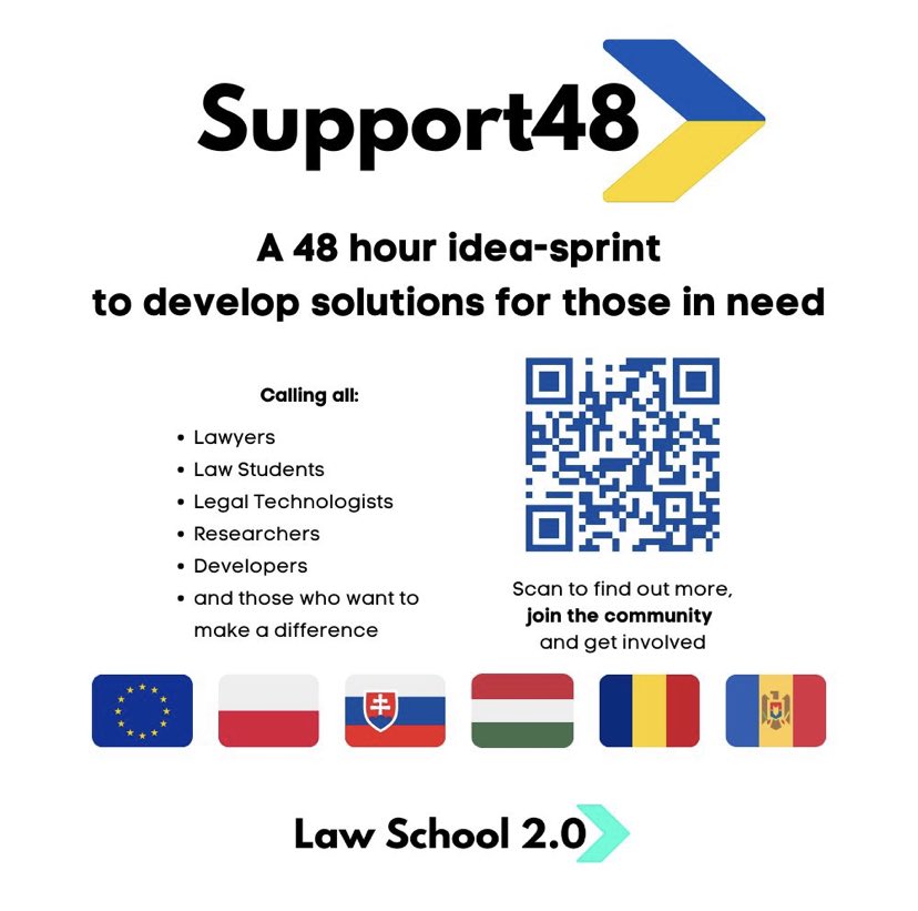 🇺🇦 Calling on the #LegalTech &amp; #Ls20 community - the time for unity is now. Introducing Support48, a 48 hour challenge to create legal tech solutions to tackle the legal process challenges arising from the #UkraineWar.

More information here 👉 lawschool2-0.com/support48