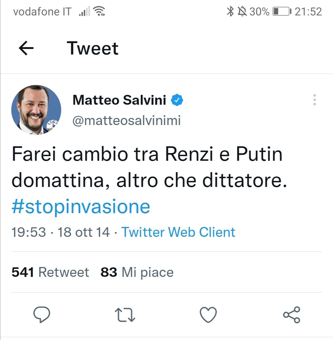 NickWhithorn's tweet image. A thread of Salvini's tweets on Putin:
1. "I'd exchange Renzi for Putin tomorrow morning, anything but a dictator."
18 October 2014