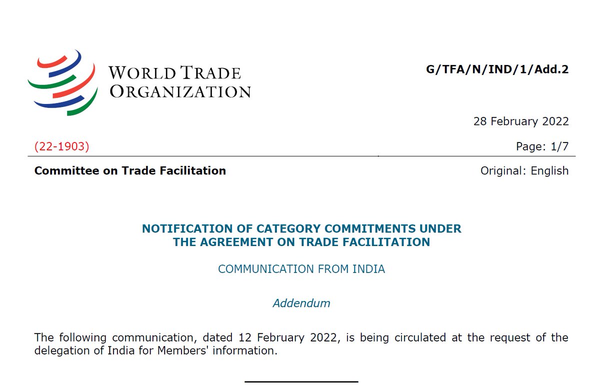 IndiaWTO's tweet photo. India's Category-B commitments included among other things:

📄Elaborate processes for quasi-judicial and administrative appeals

✅Review of quasi-judicial and administrative action

India's notification for this implementation has been made to @wto 

(4/5) https://t.co/8ImhqTESrY