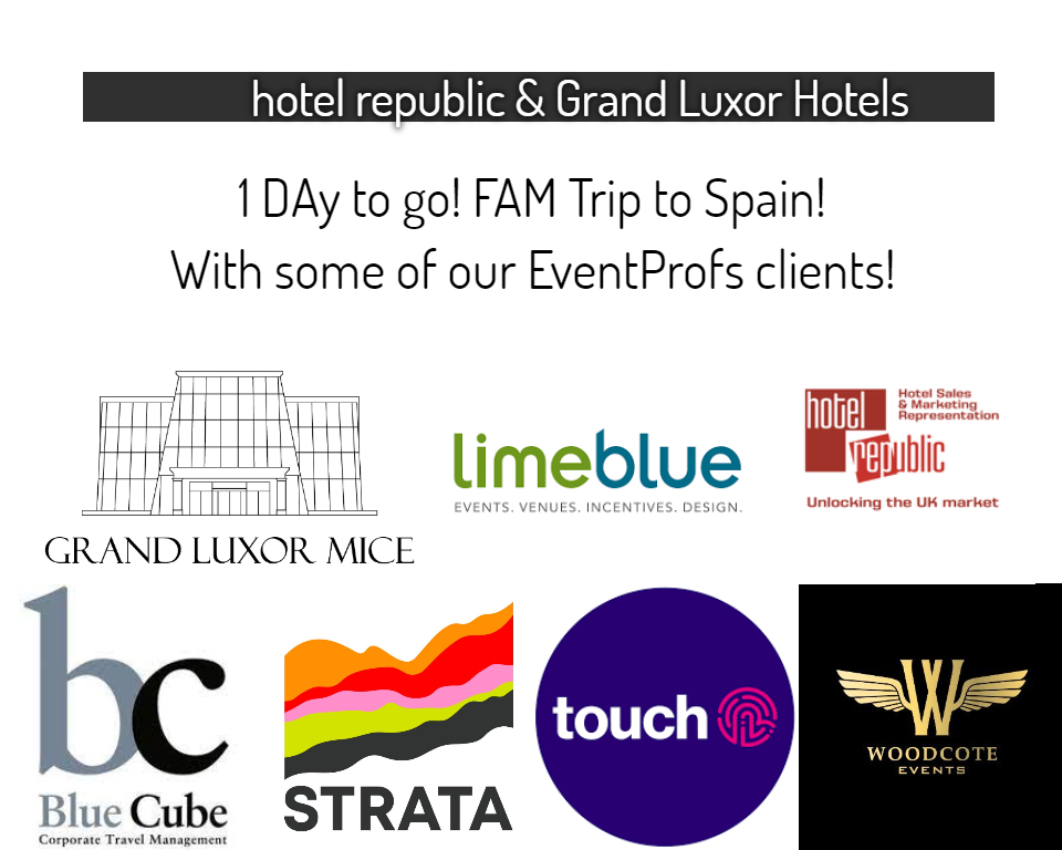 1 Day to go and off we are to <a href="/grandluxorhotel/">Grand Luxor Hotel & Village</a> and <a href="/hotelrepublic/">hotel republic</a> FAM Trip to Spain. A fabulous program is waiting for our guests and dear clients @LimeBlue_Ltd,@TouchHQ,<a href="/BlueCubeTravel/">Blue Cube Travel</a>,<a href="/Stratacreate/">Strata</a>,@woodcoteEvents who will discover this amazing venue for MICE and more!
#mice