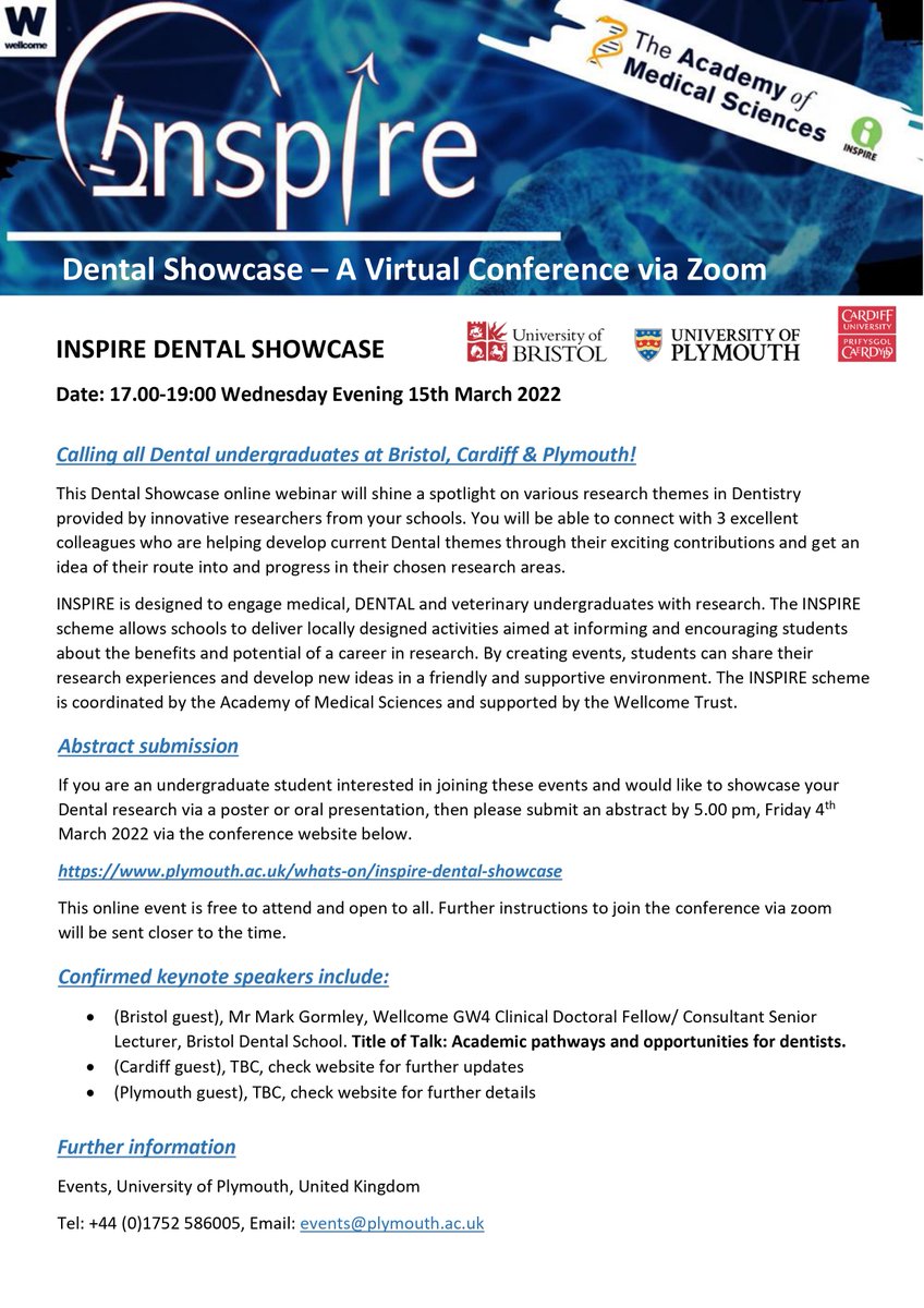 The next INSPIRE Dental Showcase is just under two weeks away on March 15th! 
Get your abstracts in for a chance to present your research, or register now to see some inspiring presentations.
We can now accept any registrations or abstracts until Wednesday 8th March!