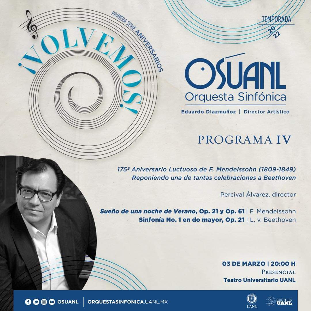 Jueves de <a href="/OSUANL/">Orquesta Sinfónica de la UANL</a> . Hoy, programa Mendelssohn, Beethoven.
20:00 Teatro Universitario UANL, Mederos.