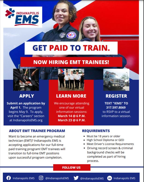 DollySerrant's tweet photo. ¿Desea trabajar como un Técnico de Emergencia Médica (EMT)? @IndianapolisEMS lanzó su #Programa de #aprendices de EMT, “Get Paid to Train”, donde contratarán a personas sin experiencia previa, capacitándolas para convertirse en EMT y hacer la transición al servicio de ambulancia. https://t.co/mRJjSKHOoc