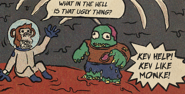 apemfers's tweet photo. you really thought apetoshi would go on a galactic adventure and not run into KEVIN? 

wonder what happens next 👀 
ape mfers comics claim 🔜 https://t.co/1OZl4T11aq