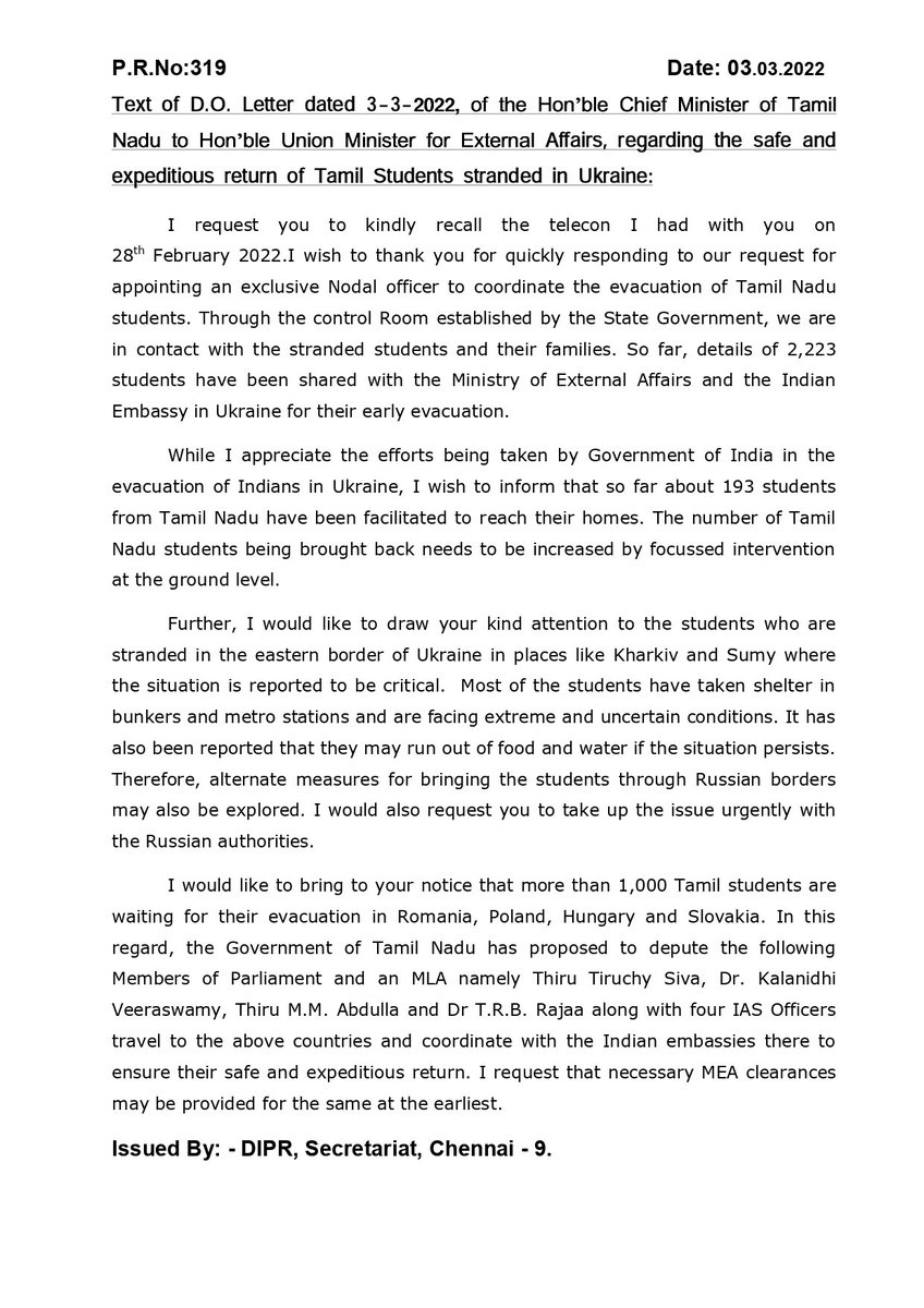 mkstalin's tweet photo. Wrote to Hon'ble @DrSJaishankar requesting him to increase the number of Tamil students to be evacuated from #Ukraine by focussed intervention and sought MEA clearances for the team proposed by GoTN to coordinate with the Indian embassies in Romania, Poland, Hungary and Slovakia. https://t.co/175b3qthcB