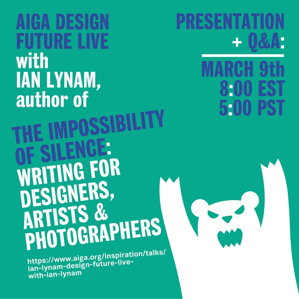 leesean's tweet image. I'll be doing an @AIGADesign livestream with @ilynam,  Tokyo-based designer + author of The Impossibility of Silence: Writing for Designers, Artists &amp;amp; Photographers.

Weds, 3/9, 8pm EST / 5 pm PST
Thurs, 3/10, 10am in Tokyo.

aiga.org/inspiration/ta…

#Design #Writing