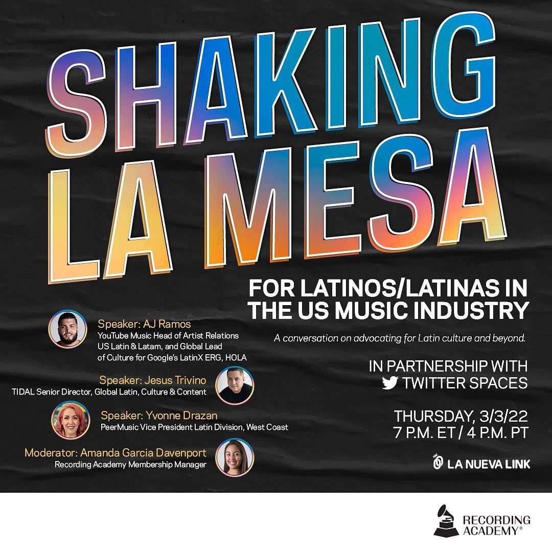 Join VP Latin, West Coast Yvonne Drazan (<a href="/MsDrazzy/">Yvonne Drazan</a>) and our industry colleagues for <a href="/RecordingAcad/">Recording Academy / GRAMMYs</a> &amp; <a href="/LaNuevaLink/">La Nueva Link</a>'s #ShakingLaMesa discussion today at 7pm ET!

x.com/RecordingAcad/…