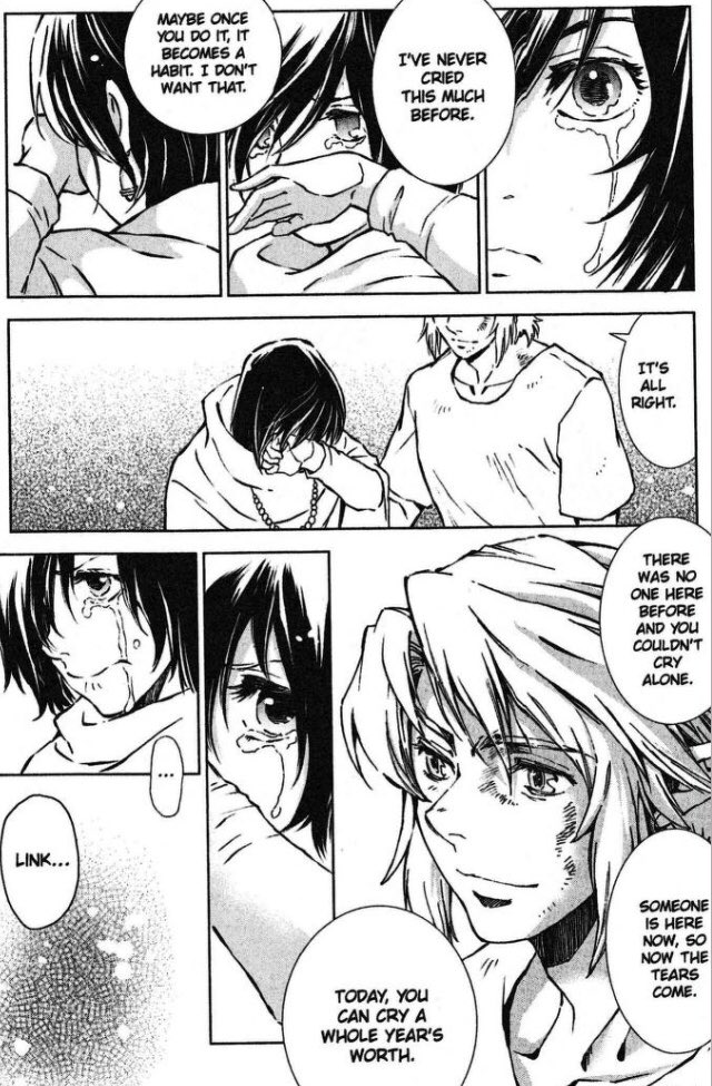 context: the girl is Himekawa's original character, Anika, the last survivor of an abandoned village (reminiscent of the hidden village). She helps Link recover after a near death experience &amp; he helps her face the traumas that have haunted her. In a sense they save each other 