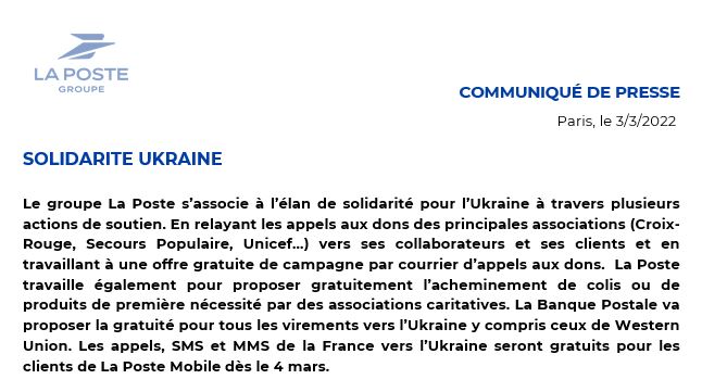 #COMMUNIQUE | Solidarité Ukraine, le groupe #LaPoste s’associe à l’élan de solidarité pour l’ #Ukraine à travers plusieurs actions de soutien. En savoir plus ici >> lapostegroupe.com/fr/actualite/s… #Presse