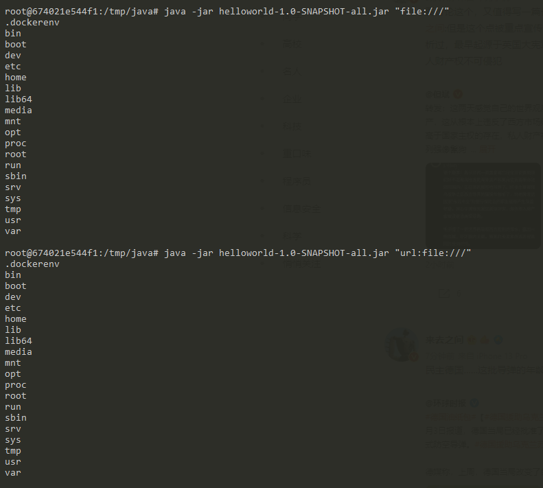 phithon_xg's tweet photo. Another Java magic: Java is the only language(maybe?) that can list directories via a file:// scheme that I have ever seen.
Also can prepend a "url:" to bypass some restrictions: url:file:///etc/ https://t.co/1JoCNc3MaV