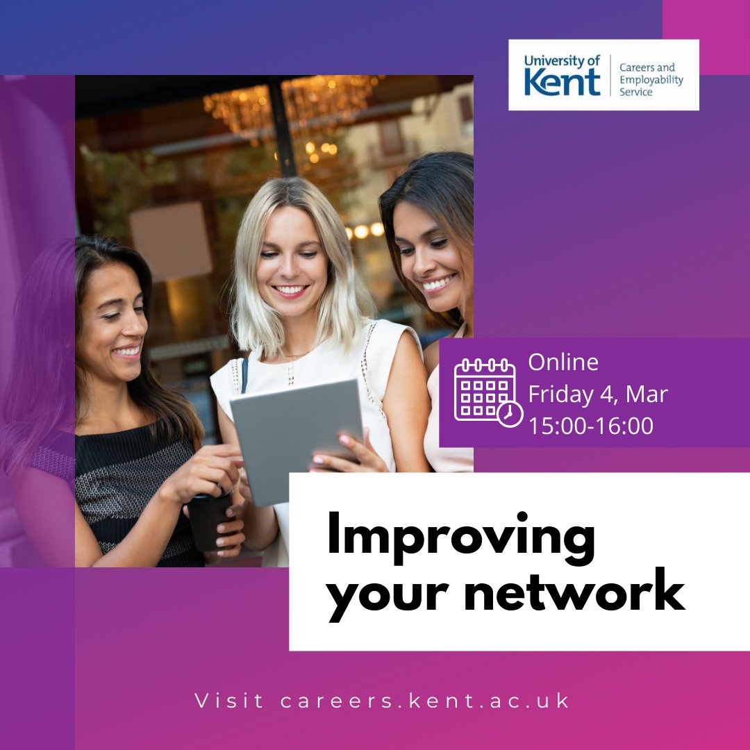 Inspiring Women Week - Friday 4 March (LAST DAY)

🦸12pm The Female Entrepreneur: Victoria Rowley <a href="/PuddleEastKent/">Puddle Ducks E Kent, N Kent & SE London</a> 

🦸 2pm Shy Girl to Leading Woman, Kinga Stabryla (Canterbury Campus room KS15)

💥3pm Improving your network  

Book via careers.kent.ac.uk 
#IWD #BreaktheBias