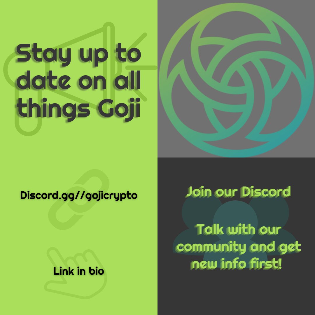 Want to be the first to know what's going on with Goji, have access to our lead dev, and talk with other #community members?👀
Join our Discord➡️discord.gg/gojicrypto
#cryptocurrency #cryptonews #ethereum #erc20 #MIA #GOJ #GABA #Bitcoin #BTC #Doge #ShibArmy #Defi #HANU #ETH