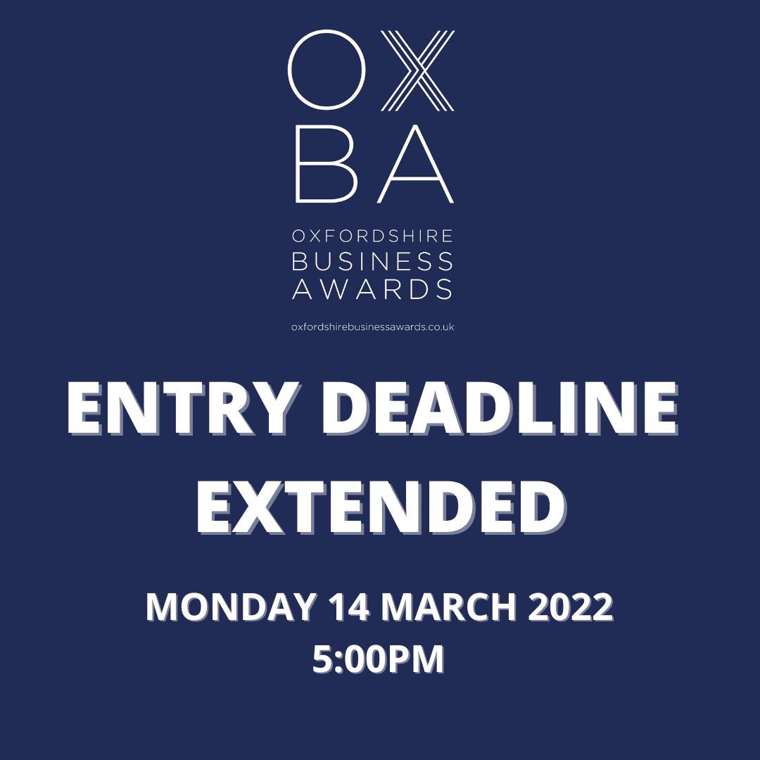 *ENTRY DEADLINE EXTENDED*
After two years away, we want to see more of Oxfordshire's business community entering the OXBA so, we have today decided to extend the deadline for entry to Monday 14 March at 5pm. Come on what are you waiting for? Enter your Oxfordshire business today!