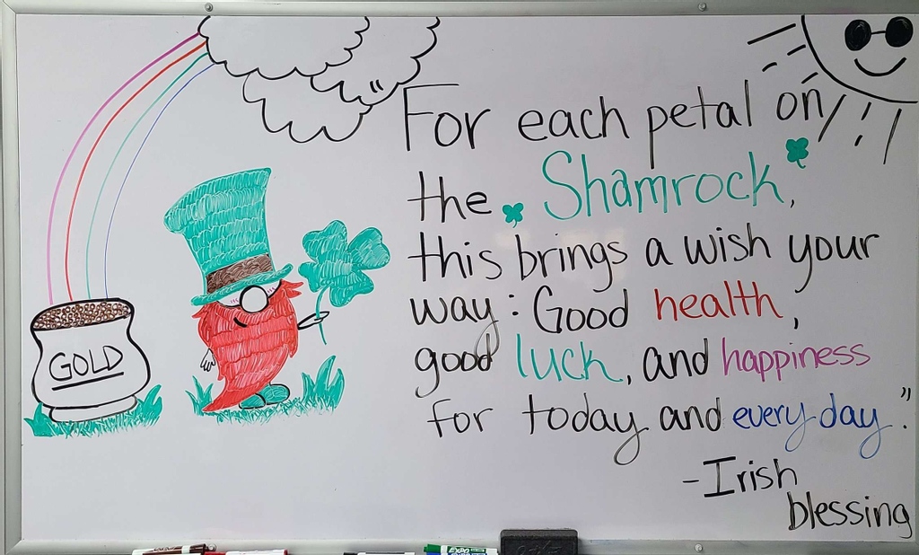 teamwti's tweet photo. St. Patrick's Day is two weeks from today, so we obviously had to change up our white board! We hope this St. Patrick's Day brings you good luck, good health, and happiness ☘️🌈 https://t.co/JKTzo3vwIs