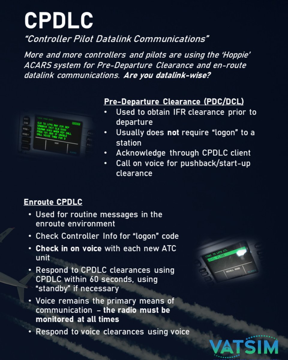 vatsim's tweet image. Controller Pilot Datalink Communications (CPDLC) is becoming native in more and more flight simulator products and we are starting to see it used more and more on VATSIM. What do you know about CPDLC?