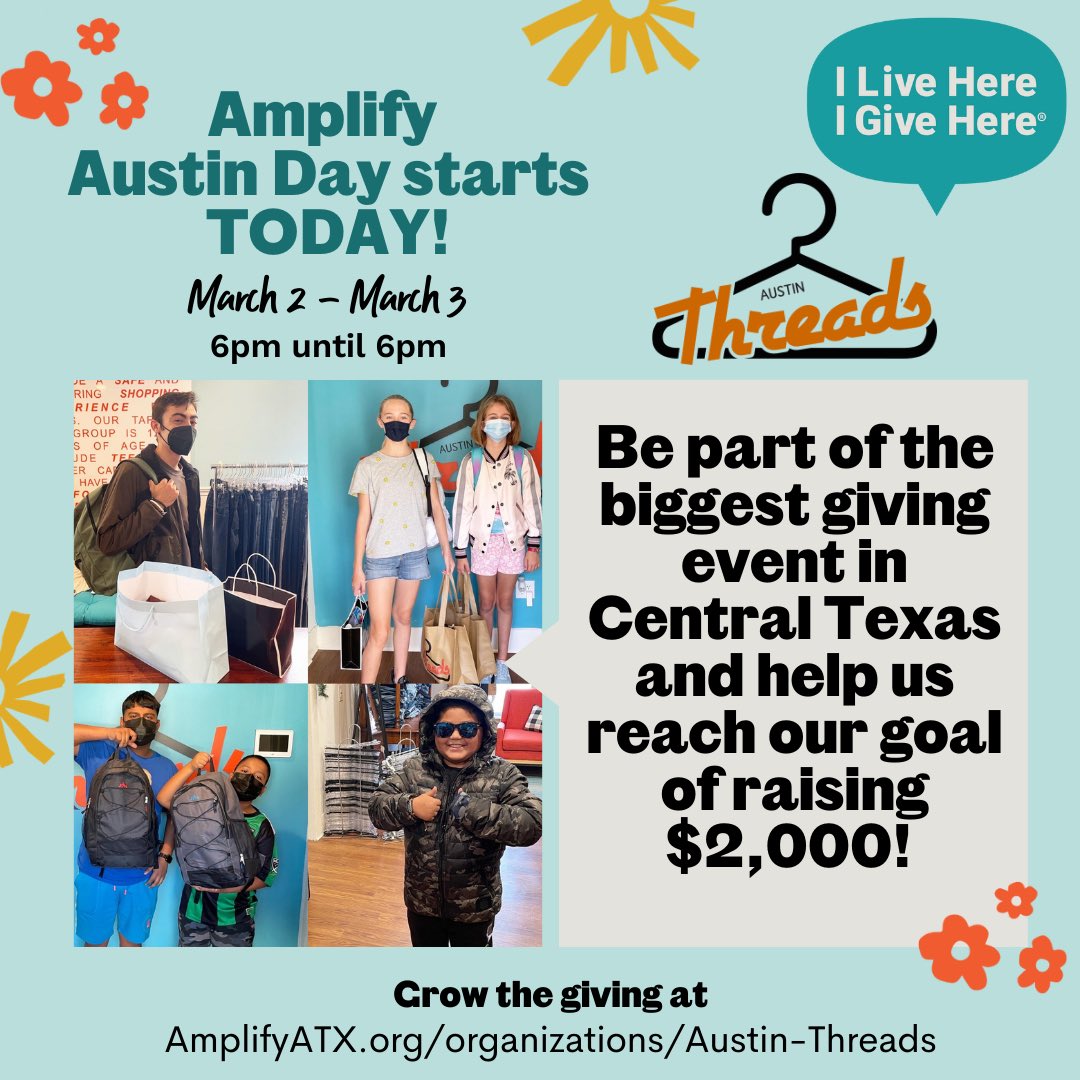 Austin_Threads's tweet photo. (1/2)📣TODAY is Amplify Austin Day! 🥳 We invite you to be part of the biggest giving event in Central Texas by supporting our nonprofit #AustinThreads and our mission to provide NEW clothing and toiletries to disadvantaged youth in our community. https://t.co/GbPVi7JUYu