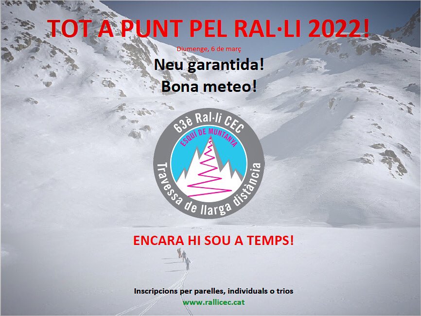 63è Ral·li d'Esquí de muntanya del CEC

Val d’Aran
6 de març de 2022

Amb un recorregut de llarga distància, inèdit, pels paratges més alpins dels Pirineus

més informació:
rallicec.cat

#esquidemuntanya #skimo #campionat #valdaran #rallicec @cec_cat <a href="/Pomoca_skins/">Pomoca </a>