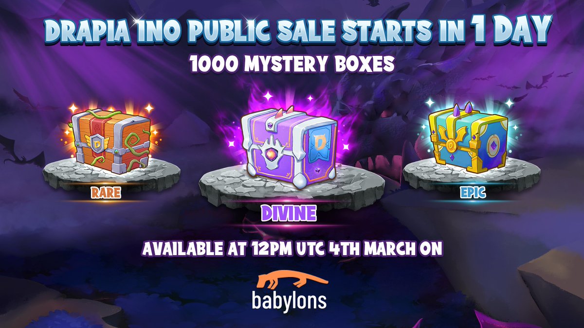 🔥 Drapia INO Public Sale on Babylons: Start in 1 day 🔥

🔸 Starting Time: 12PM UTC, 4th March 2022
🔸 Quantity: 1000 Mystery Boxes 

Don’t miss the chance to be the very first NFT owners in Drapia!! Buy as much as you can cause the benefits you’ll receive are super HUGE!!! 🚀🚀
