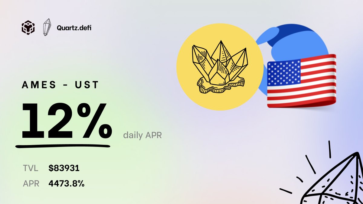 👀👀 12% daily APR!! $AMES $UST pool incredible yield with such low IL 🖨💎💎💎

Come grab this yield on bsc-quartz-defi.app

#DeFi #tombfork #BSCGem <a href="/defiyield_app/">Defi</a> <a href="/bsc_daily/">BSCDaily</a> <a href="/DappRadar/">DappRadar</a>