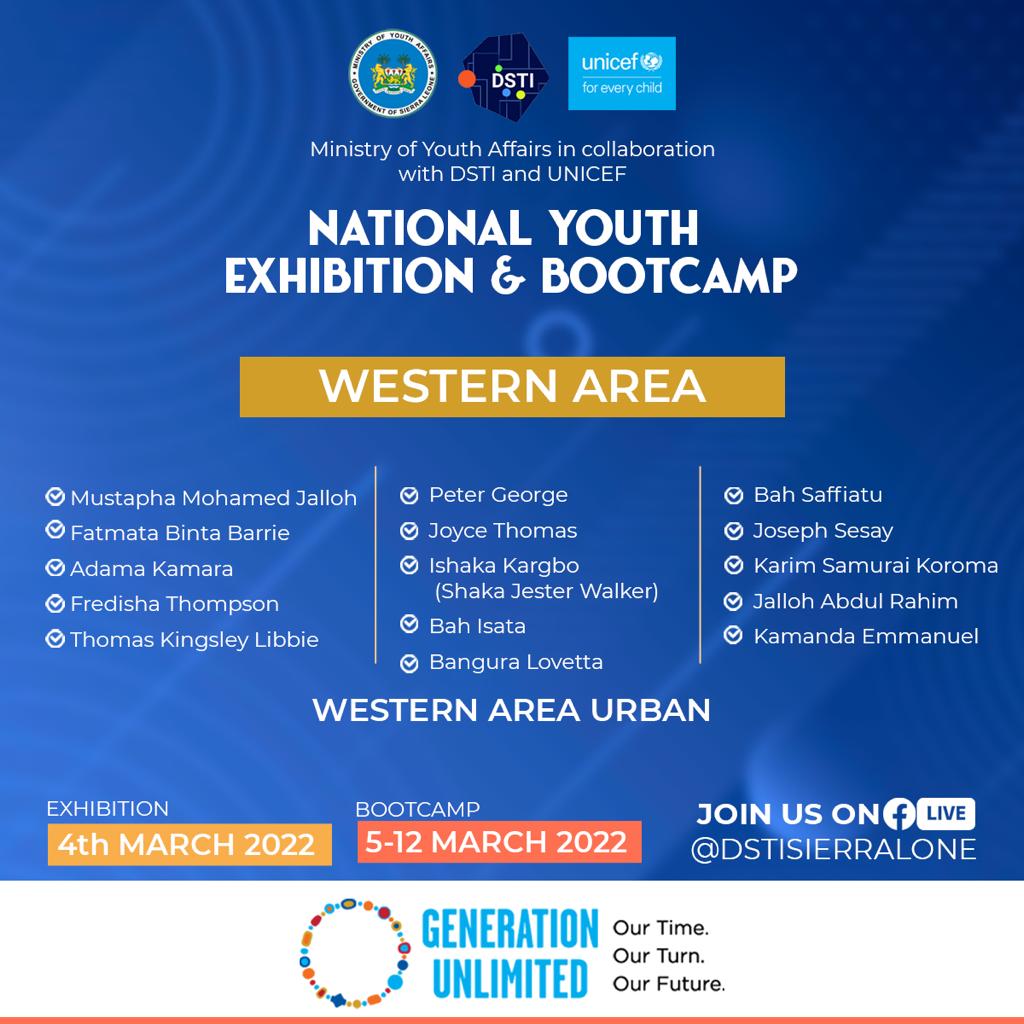 DSTISierraLeone's tweet photo. Drum Roll 🥁 

Presenting the participants from the Western Area. 

1st Virtual #GenerationUnlimitedYouth Exhibition &amp; Bootcamp in #SierraLeone.
@UNICEFSL
@_GenUnlimited

🗓: 4/3/22 
⏰: 10 AM GMT 
🔗: https://t.co/bPVijSEBd4

#GenU 
#GenUSL
#SierraLeoneTwitter https://t.co/dDzoIXkGdr