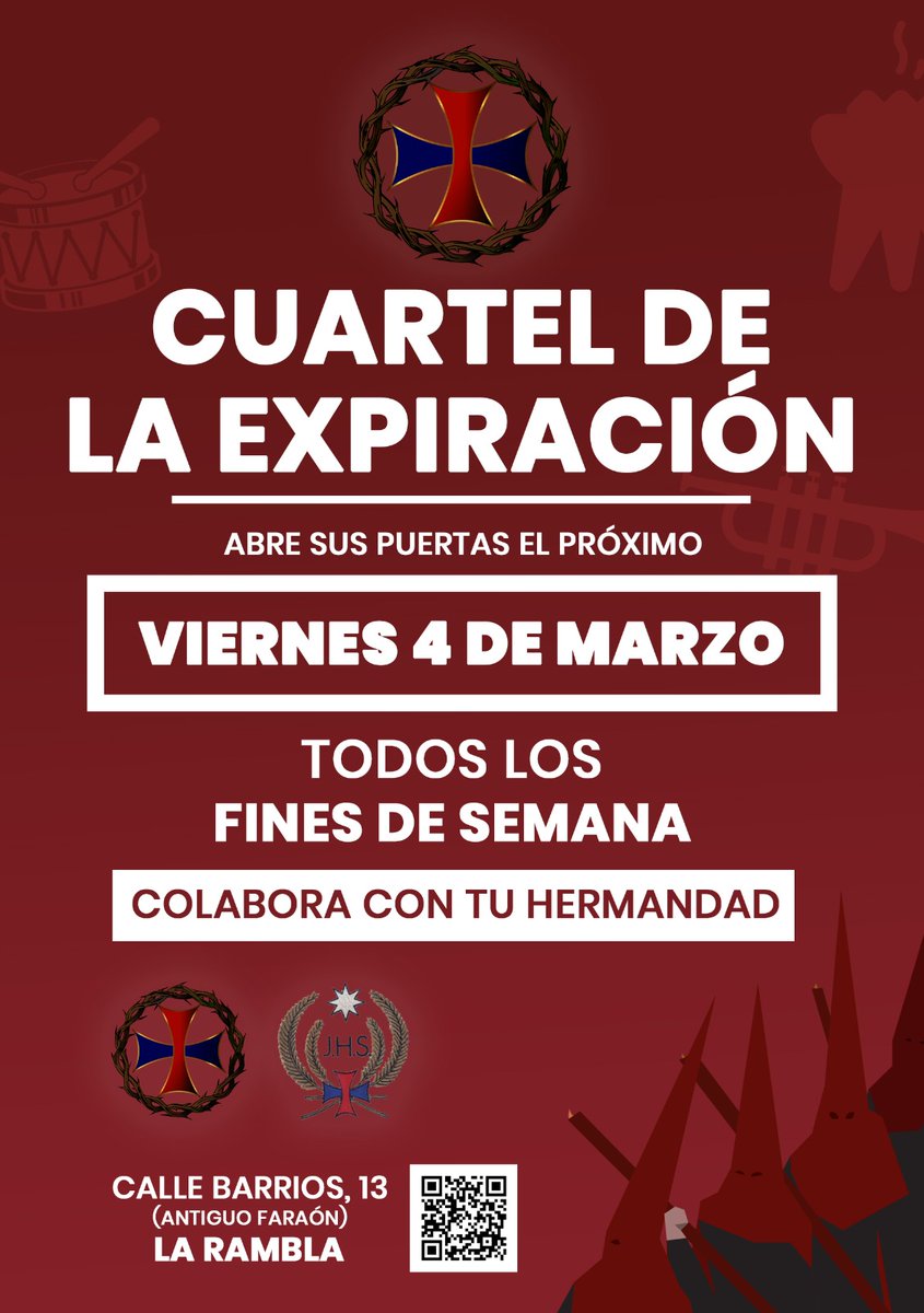 HddExpiracion's tweet photo. La Hermandad y Cofradía del Stmo. Cristo de la Expiración y María Stma. de los Dolores, abre, como ya es traidiconal cada año, el cuartelillo de Cuaresma.

Ubicado en la 'Calle Barrios, 13 - Antiguo Faraón'.

¡Visitanos y deleita nuestra deliciosas tapas típicas de Cuaresma! https://t.co/TBosYBNTSC