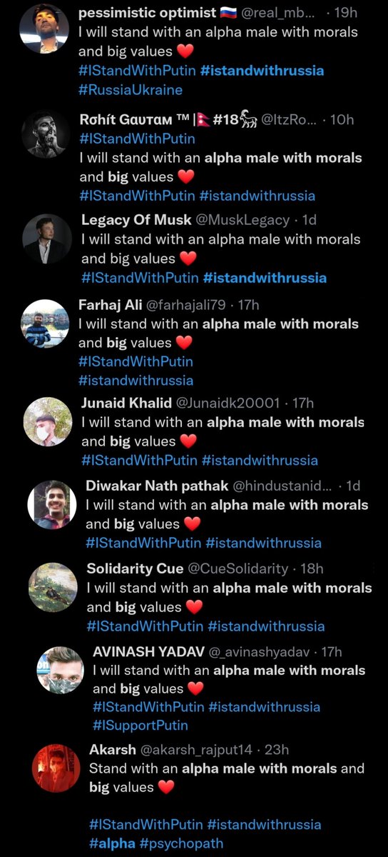 If you browse the #istandwithrussia topic for all but 30 seconds, you will see how Russian bots work &amp; how pathetic it is that Putin so badly wants to be seen as an "alpha male".🤣

News flash to Putin: You can't be "alpha" when you're a weak, embarrassing, little bitchboy.