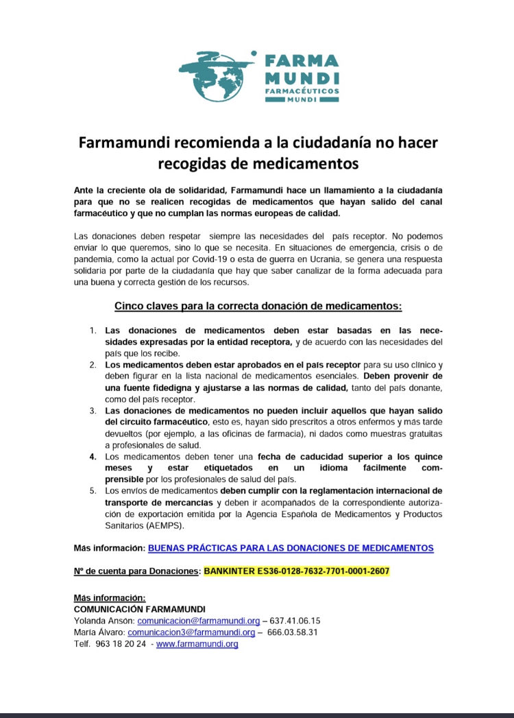 Estos días está viniendo mucha gente a la farmacia con ganas de ayudar en Ucrania, comprando ibu, gasas, etc.Aunq la intención es muy buena, creo q lo mejor es hacer donaciones a entidades especializadas, ellos saben, que hace falta y cómo hacerlo llegar. Dejo info de <a href="/farmamundi/">FARMAMUNDI</a>