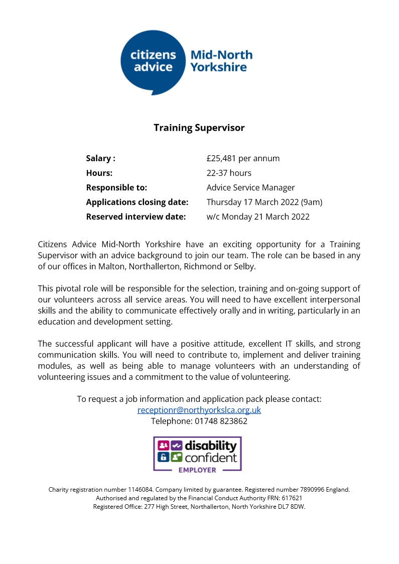 We are #recruiting for a Training Supervisor.

This is a great opportunity to join our friendly team and make a difference in your community.

Salary : £25,481 per annum
Hours: 22-37 hours
Location: Based in any
of our offices in Malton, Northallerton, Richmond or Selby.