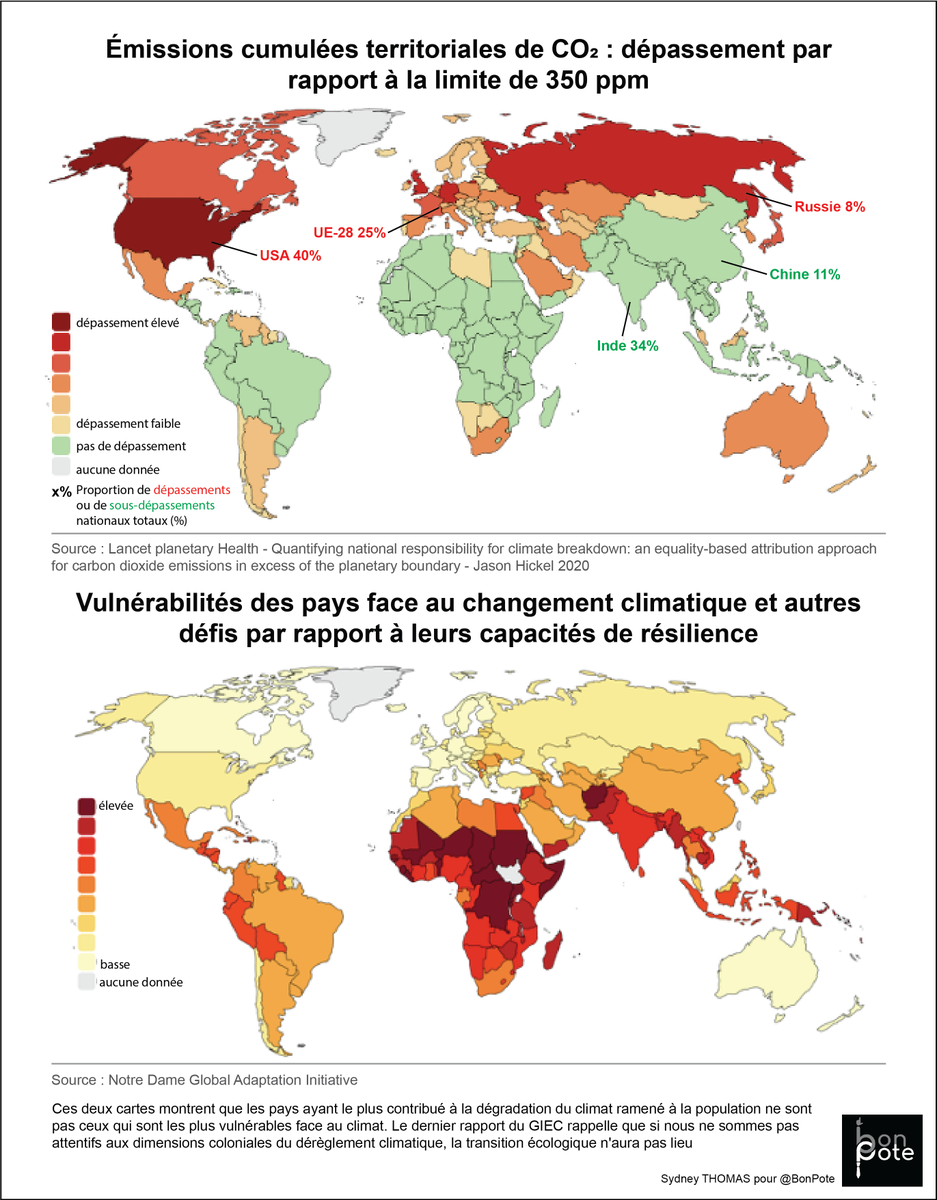Voici un travail important de Jason Hickel qui met en évidence l'injustice climatique et l'héritage colonial. 

Les pays les plus émetteurs en CO2 font et vont faire vivre un enfer à ceux qui émettent le moins.
