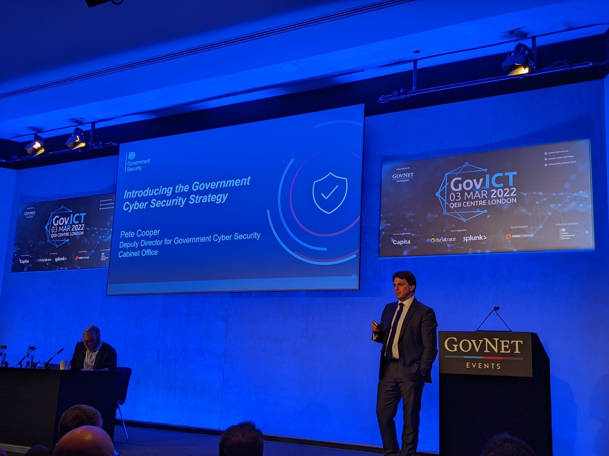DigiGovExpo's tweet photo. Up next is Pete Cooper, Deputy Director for Government Cyber Security at the @cabinetofficeuk introducing the government cyber security strategy. #GovICT2022 https://t.co/FW0PPZ0bif