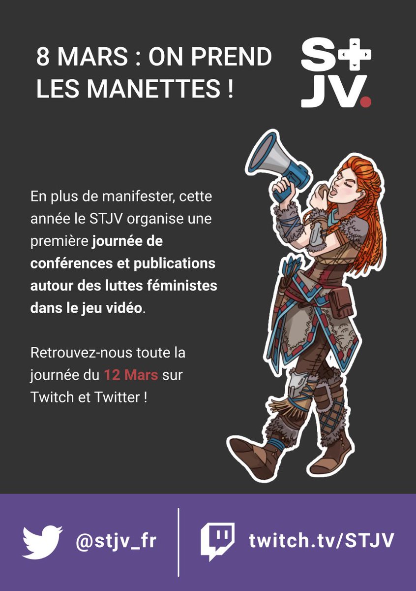 📢 Le Samedi 12 Mars, le STJV organise une première journée de conférences et publications autour des luttes féministes dans le jeu vidéo. Elle aura lieu en ligne sur ce compte Twitter, et sur notre chaîne Twitch : twitch.tv/stjv