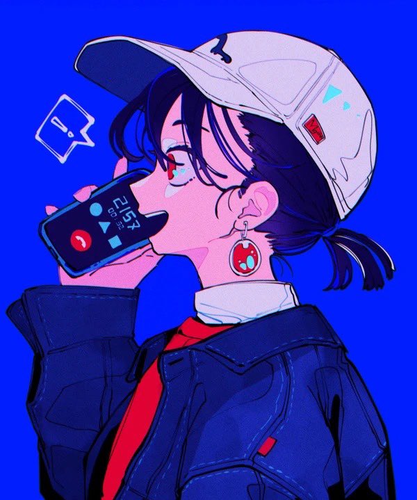 1girl solo earrings jewelry hat red eyes phone  illustration images