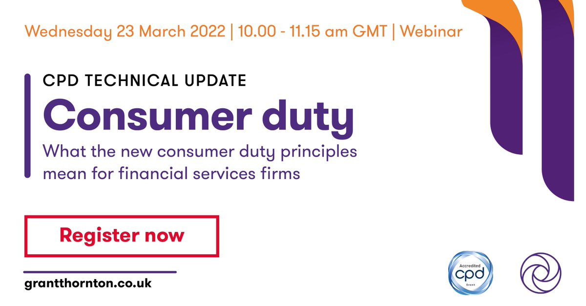 GrantThorntonUK's tweet photo. Join our webinar on 23 March for our latest #CPD technical updates exploring consumer duty obligations. Register now: https://t.co/2rJh8rkflq #CPD #RegulatoryUpdates #TechnicalUpdates https://t.co/z4sY1LG0HY
