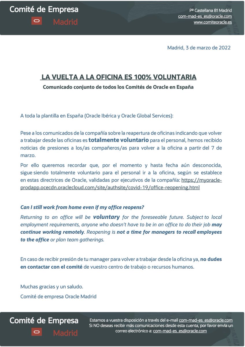 ComiteOracle's tweet image. COMUNICADO: LA VUELTA A LA OFICINA ES 100% VOLUNTARIA
#ComiteOracle