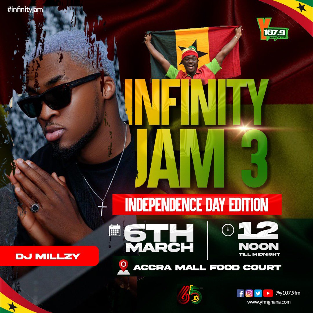 JonnyStone_'s tweet image. The Independence Day Edition of #InfinityJam is happening this Sunday from 12pm-12am on @Y1079FM. 

12 Hrs of non stop partying with some of Accra’s best. It’ll be happening live from Accra Mall Food Court. 

#GhanaAt65 🇬🇭🇬🇭🇬🇭🇬🇭🇬🇭🇬🇭