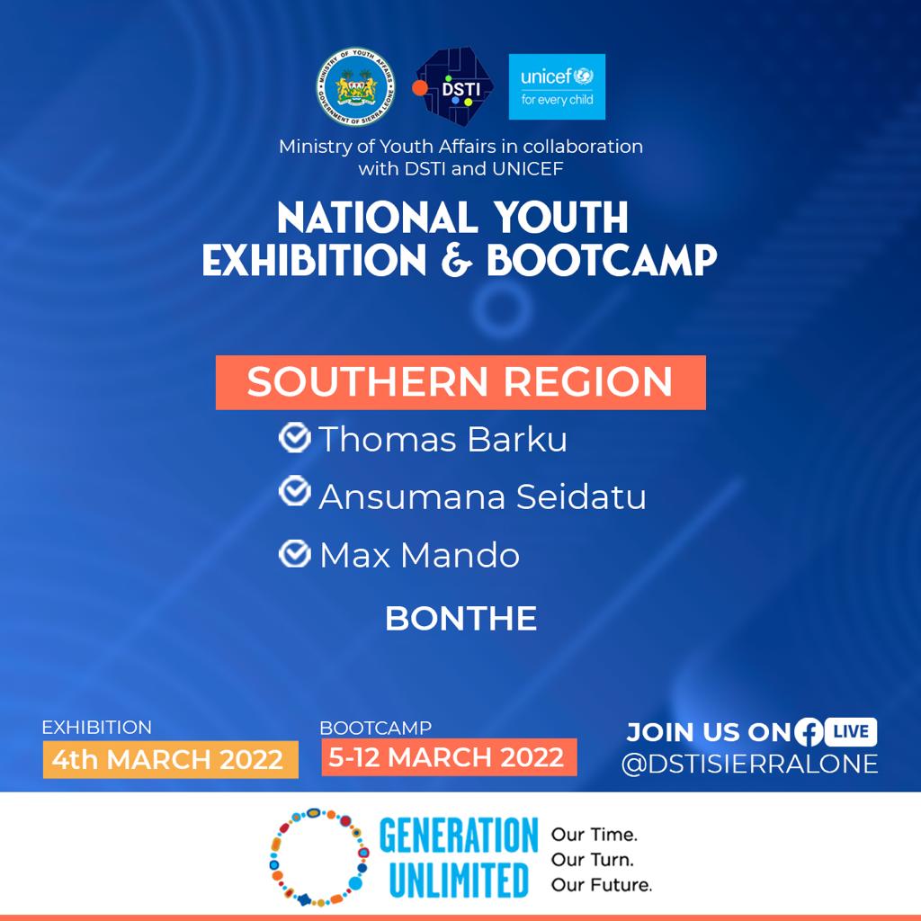DSTISierraLeone's tweet photo. Drum Roll 🥁 

Presenting the participants from the Southern Region. 

1st Virtual #GenerationUnlimitedYouth Exhibition &amp; Bootcamp in #SierraLeone.
@UNICEFSL
@_GenUnlimited

🗓: 4/3/22 
⏰: 10 AM GMT 
🔗: https://t.co/bPVijSEBd4

#GenU 
#GenUSL
#SierraLeoneTwitter https://t.co/3s738AmOaw