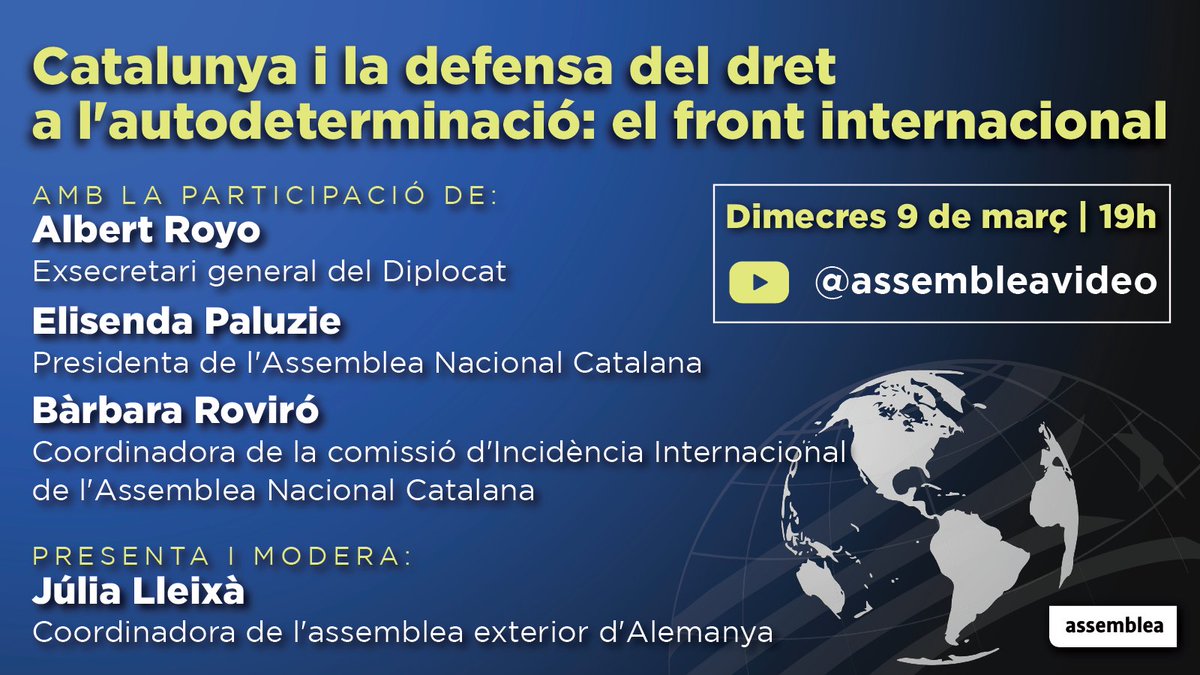 assemblea's tweet photo. ⬛️⬜️🌍 El 9 de març, a les 19 h, parlarem del front internacional i el paper de la diàspora catalana a l'exterior, organitzada a través de les assemblees exteriors de l'Assemblea.

🙋‍♀️ Amb @AlbertRoyo5, @epaluzie i @barbara_roviro.

▶️ Ho podràs seguir al nostre canal de Youtube! https://t.co/KPn5x85HiM