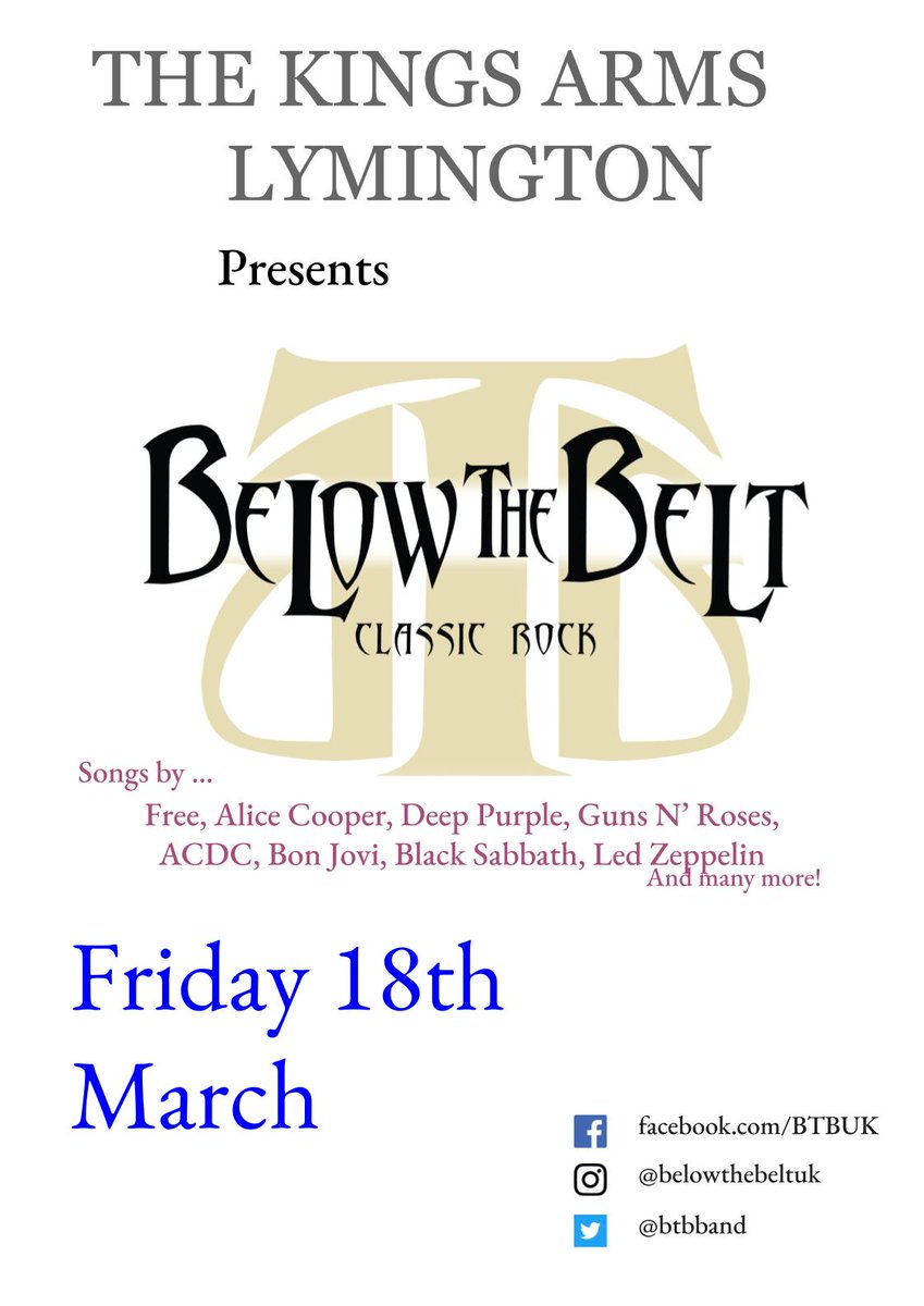 BelowtheBeltUK's tweet photo. Can't wait to get back to The Kings Arms Lymington!
@kingsarmslym
@MusicHubSouth
@hantsmusichub
@LymComAss
#ClassicRock https://t.co/jQy46uNICi